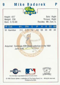 1992 Classic Best Springfield Cardinals #9 Mike Badorek Back