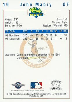 1992 Classic Best Springfield Cardinals #19 John Mabry Back