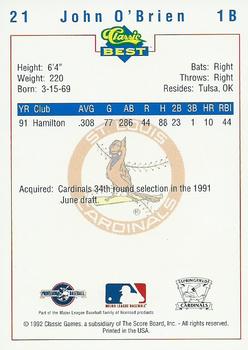 1992 Classic Best Springfield Cardinals #21 John O'Brien Back