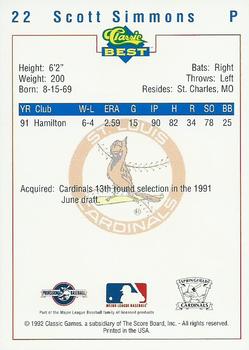 1992 Classic Best Springfield Cardinals #22 Scott Simmons Back