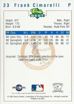 1992 Classic Best Springfield Cardinals #23 Frank Cimorelli Back