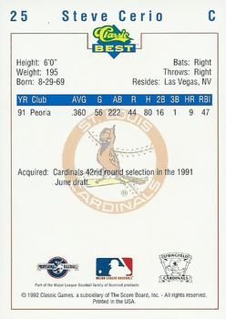 1992 Classic Best Springfield Cardinals #25 Steve Cerio Back