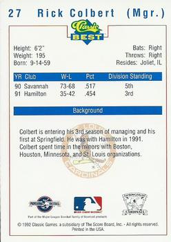 1992 Classic Best Springfield Cardinals #27 Rick Colbert Back