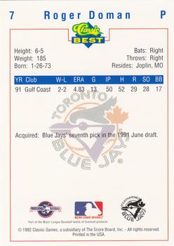 1992 Classic Best St. Catharines Blue Jays #7 Roger Doman Back