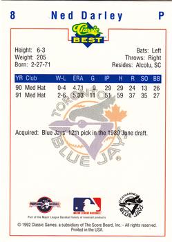 1992 Classic Best St. Catharines Blue Jays #8 Ned Darley Back