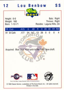 1992 Classic Best St. Catharines Blue Jays #12 Lou Benbow Back