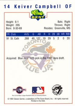 1992 Classic Best St. Catharines Blue Jays #14 Keiver Campbell Back