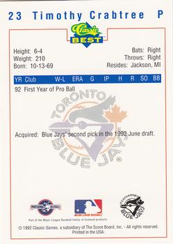 1992 Classic Best St. Catharines Blue Jays #23 Timothy Crabtree Back