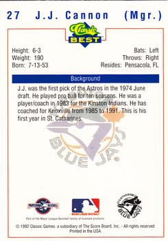 1992 Classic Best St. Catharines Blue Jays #27 J.J. Cannon Back