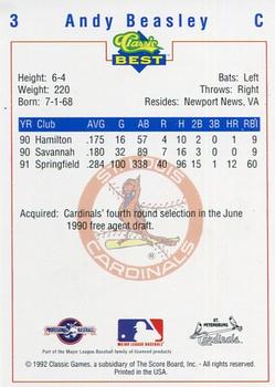 1992 Classic Best St. Petersburg Cardinals #3 Andy Beasley Back