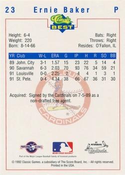 1992 Classic Best St. Petersburg Cardinals #23 Ernie Baker Back