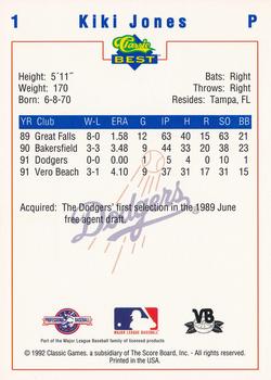 1992 Classic Best Vero Beach Dodgers #1 Kiki Jones Back