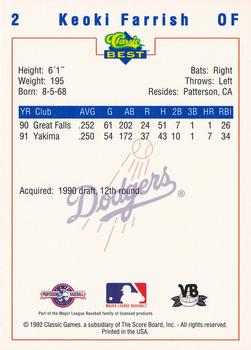 1992 Classic Best Vero Beach Dodgers #2 Keoki Farrish Back