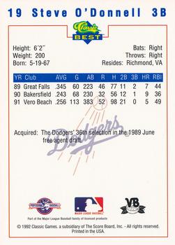 1992 Classic Best Vero Beach Dodgers #19 Steve O'Donnell Back
