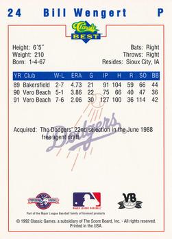 1992 Classic Best Vero Beach Dodgers #24 Bill Wengert Back