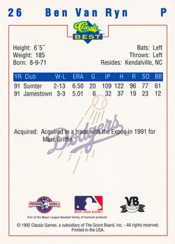 1992 Classic Best Vero Beach Dodgers #26 Ben Van Ryn Back