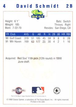1992 Classic Best Winter Haven Red Sox #4 David Schmidt Back