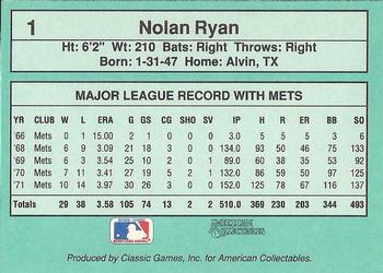 1991 Classic Nolan Ryan #1 Nolan Ryan Back