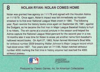1991 Classic Nolan Ryan #8 Nolan Ryan Back