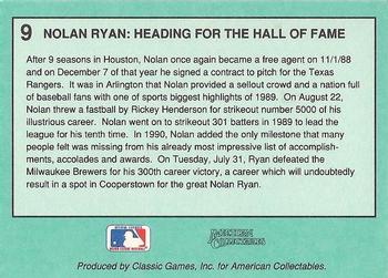 1991 Classic Nolan Ryan #9 Nolan Ryan Back