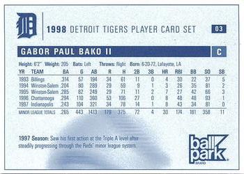1998 Ball Park Franks Detroit Tigers #3 Paul Bako Back