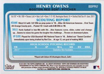 2011 Bowman Draft Picks & Prospects - Prospects #BDPP67 Henry Owens Back