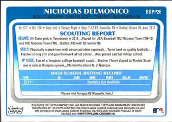 2011 Bowman Draft Picks & Prospects - Prospects #BDPP26 Nicholas Delmonico Back