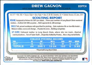 2011 Bowman Draft Picks & Prospects - Prospects #BDPP34 Drew Gagnon Back