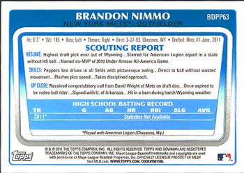 2011 Bowman Draft Picks & Prospects - Prospects #BDPP63 Brandon Nimmo Back