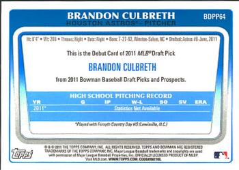 2011 Bowman Draft Picks & Prospects - Prospects #BDPP64 Brandon Culbreth Back