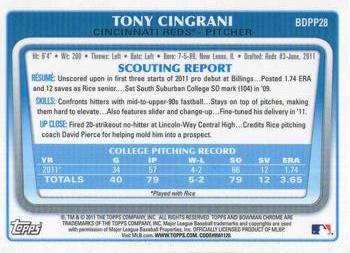 2011 Bowman Draft Picks & Prospects - Chrome Prospects #BDPP28 Tony Cingrani Back