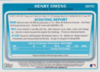 2011 Bowman Draft Picks & Prospects - Chrome Prospects #BDPP67 Henry Owens Back