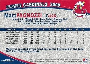 2008 Grandstand Springfield Cardinals #20 Matt Pagnozzi Back