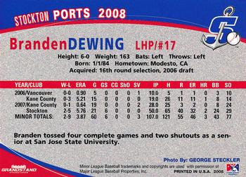 2008 Grandstand Stockton Ports #11 Branden Dewing Back