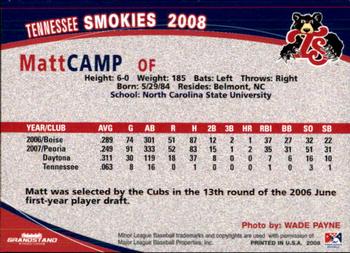 2008 Grandstand Tennessee Smokies #NNO Matt Camp Back