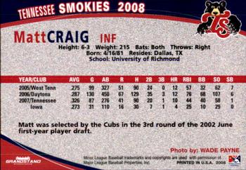 2008 Grandstand Tennessee Smokies #NNO Matt Craig Back