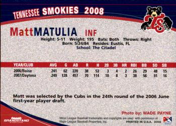 2008 Grandstand Tennessee Smokies #NNO Matt Matulia Back