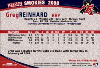 2008 Grandstand Tennessee Smokies #NNO Greg Reinhard Back