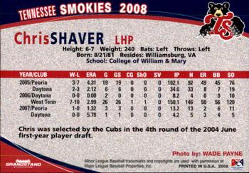 2008 Grandstand Tennessee Smokies #NNO Chris Shaver Back