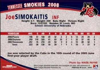 2008 Grandstand Tennessee Smokies #NNO Joe Simokaitis Back
