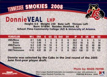 2008 Grandstand Tennessee Smokies #NNO Donnie Veal Back