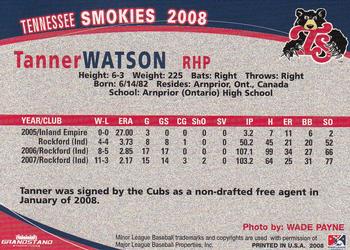 2008 Grandstand Tennessee Smokies #NNO Tanner Watson Back