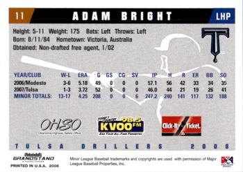 2008 Grandstand Tulsa Drillers #2 Adam Bright Back