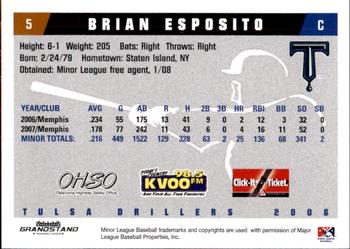 2008 Grandstand Tulsa Drillers #7 Brian Esposito Back