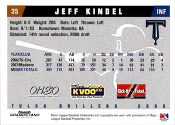 2008 Grandstand Tulsa Drillers #15 Jeff Kindel Back