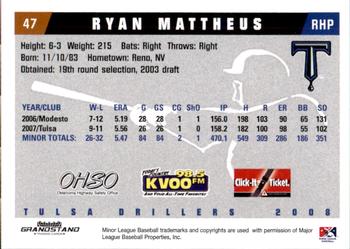 2008 Grandstand Tulsa Drillers #17 Ryan Mattheus Back