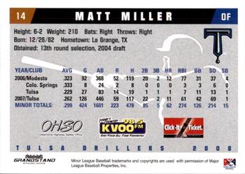 2008 Grandstand Tulsa Drillers #19 Matt Miller Back
