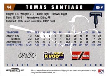 2008 Grandstand Tulsa Drillers #22 Tomas Santiago Back