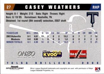 2008 Grandstand Tulsa Drillers #25 Casey Weathers Back