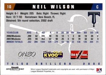 2008 Grandstand Tulsa Drillers #26 Neil Wilson Back